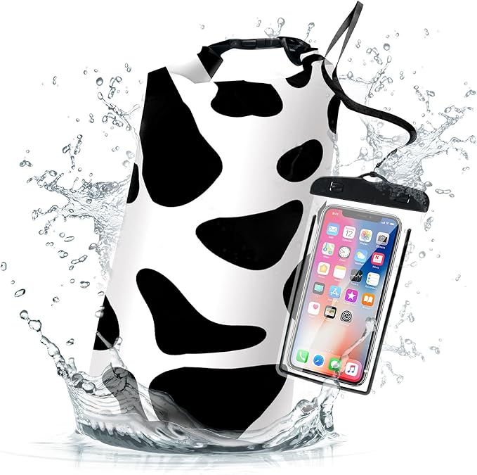 Waterproof Dry Bag,Roll Top Cow Print Black White Small Waterproof Backpack 5L/10L/20L Floating Lightweight Bags for Kayaking, Boating, Fishing, Swimming Camping with Waterproof Phone Case