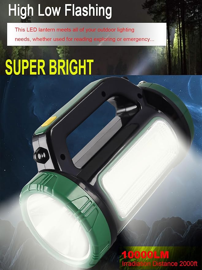 Solar LED Searchlight Spotlights, Rechargeable Super Bright 10000LM Handheld Spotlight Lantern, Multifunctional LED Lamp Camping Work Light, 6 Light Modes, Power Bank, IPX4 Waterproof