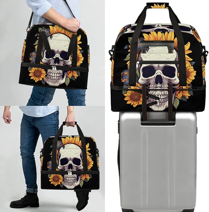 cfpolar Woman Travel Duffel Bag Sunflower Flower Skull Foldable Tote Carry On Luggage Sports Gym Bag With Shoe Compartment Overnight Weekend Yoga Workout Bag Training Handbag