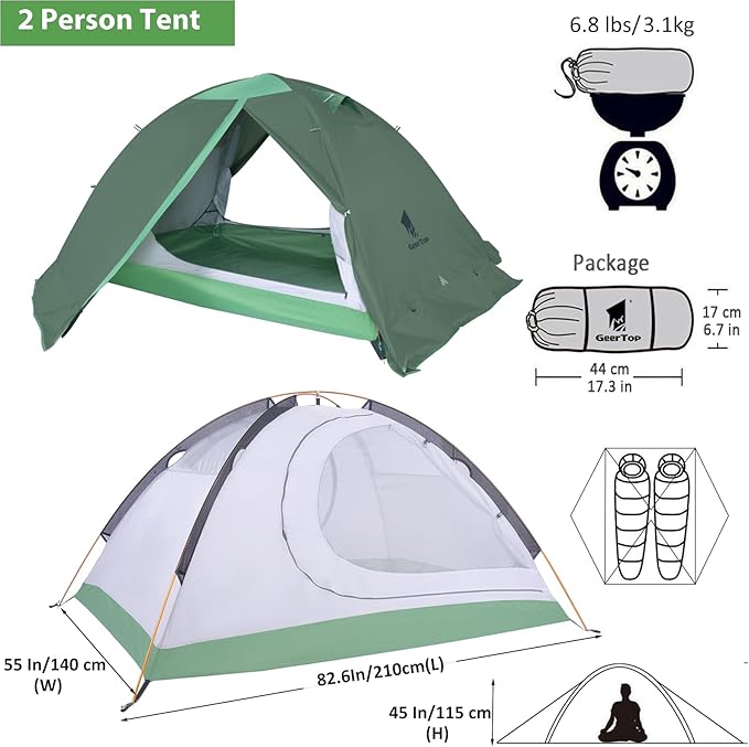 GEERTOP Ultralight 2 Person Backpacking Tent 4 Season Waterproof Camping Tent Double Layer Cold Weather Easy Set Up Tents for Family Camp, Hiking, Hunting Outdoor Mountaineering Travel