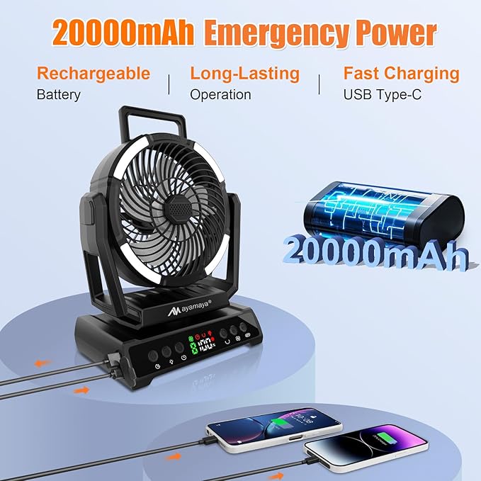 ayamaya Camping Fan with Light 20000mAh Rechargeable Tent Fan with Remote, 9 Speeds Battery Powered Fans with Digital Display, Timer, Auto Oscillation & Hook for Camping, Outdoor Tents, Hurricane
