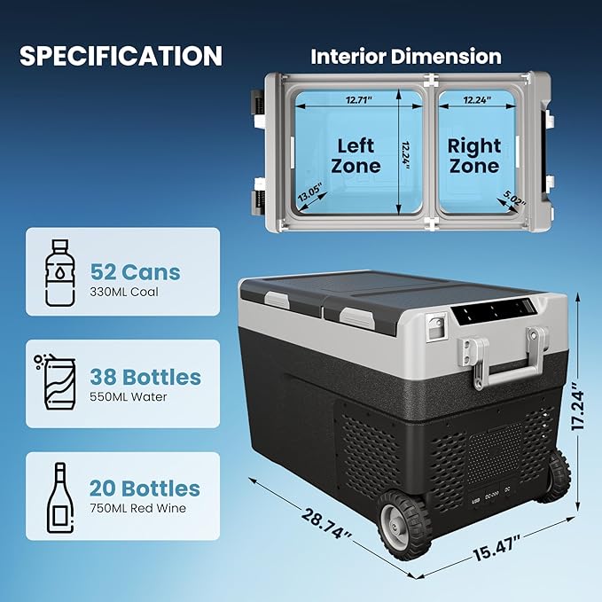 12 Volt Refrigerator, 40QT(38L) Car Efrigerator APP Control,Electric Cooler On Wheels -4℉~68℉, Portable Freezer 12/24V DC 110-240V AC, Camping Refrigerator, Travel, Boat