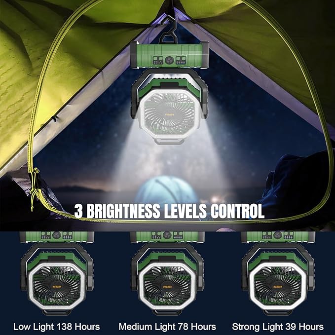 KEPEAK Rechargeable Camping Fan with LED Light, 20000Ah Battery Operated Powered Fan, 72H Runtime, Remote Control, 5.3m Airflow, Ultra-Quiet Portable Fan for Tents, Outdoor, Camping(Green)