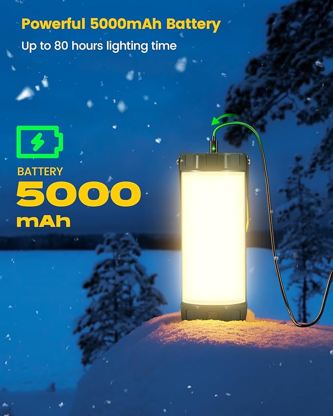 Glocusent Camping Lantern Rechargeable, Up to 80Hrs, 5000mAh 106 LED Lantern with 5 Brightness 3 Modes & SOS, IP68 Waterproof, Max 1200LM, Camping Light for Power Outages Hiking Emergency Hurricane