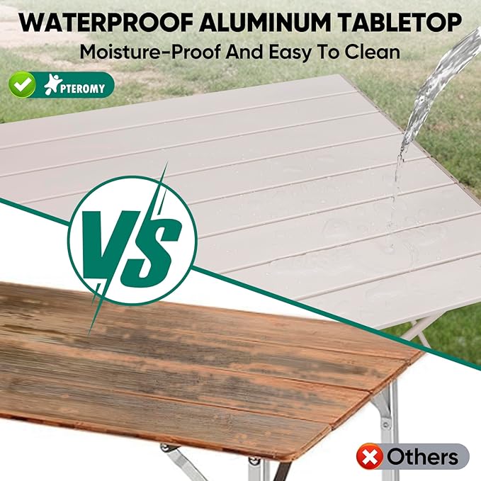 PTEROMY Folding Camping Table, Portable Beach Table with Ultralight Aluminum Tabletop for Travel, Outdoor, Camping, Picnics, and BBQs (Medium, Beige)