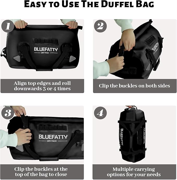 Waterproof Motorcycle Duffel Bag Roll Top Dry Duffel Bag with Quick-fixed Straps for Rafting, Boating, Kayaking, Travel, 50L(Black)