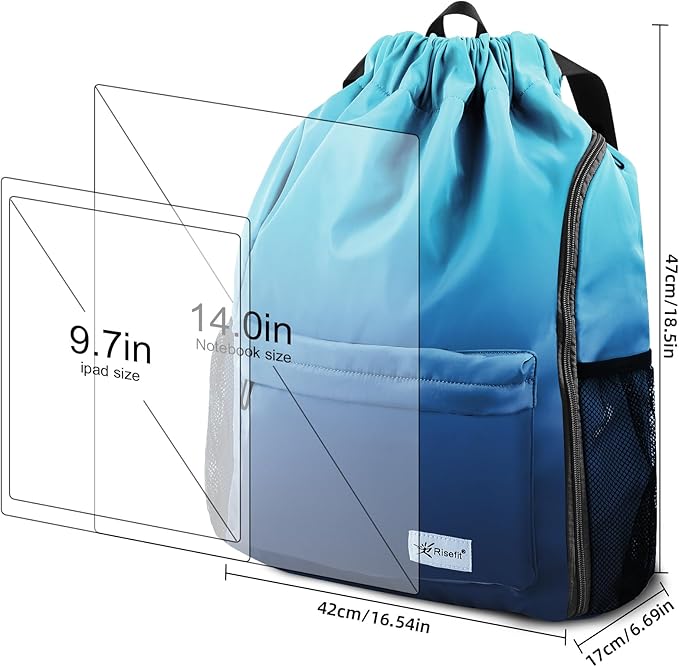 Drawstring Backpack with Mesh Pockets String Gym Bag Sackpack Sandproof Water Resistant Beach Backpack for Men Women