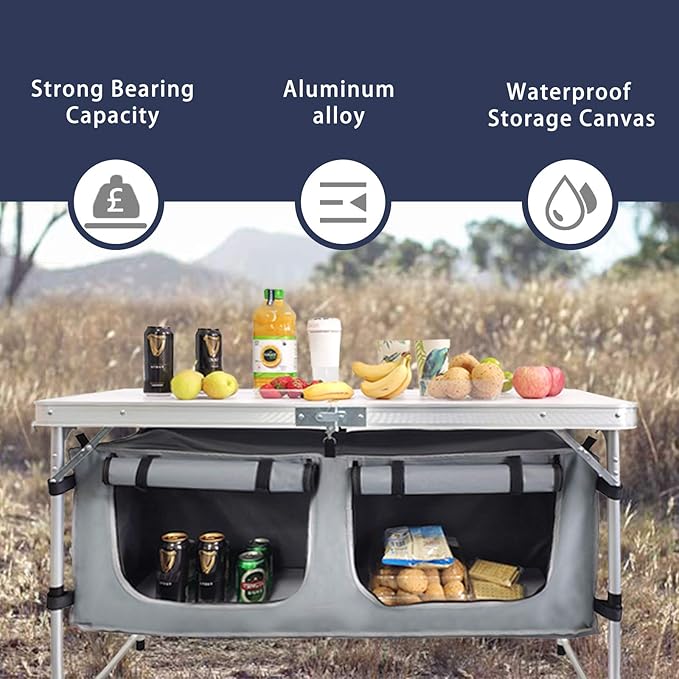 CampLand Outdoor Folding Table Aluminum Lightweight Height Adjustable with Storage Organizer for BBQ, Party, Camping