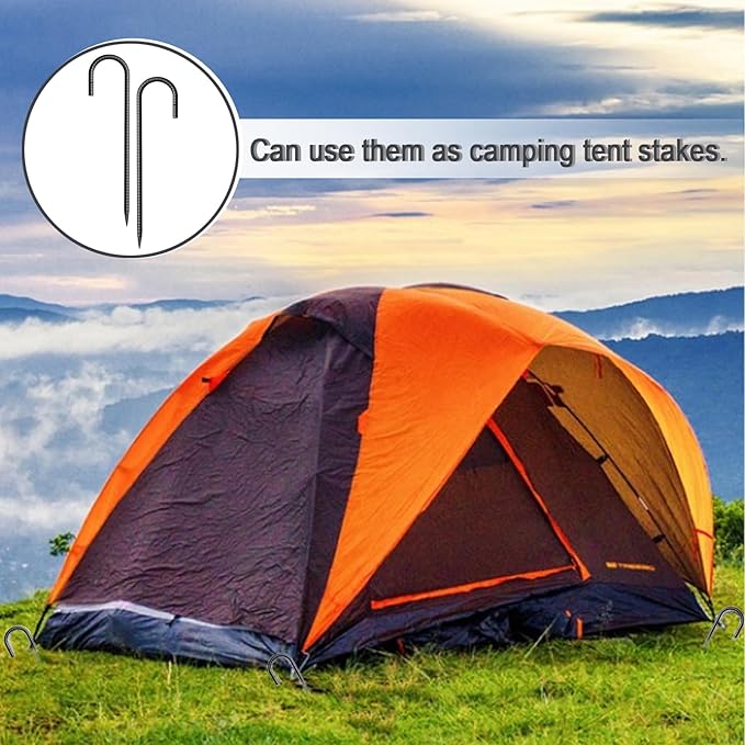 Rebar Stakes 12 Inch 16 Pack Tent Stakes Heavy Duty Metal J Hook, Fence Stakes for Trampoline, Fence, Camping Tent (16, J-12 x5/16 Black)