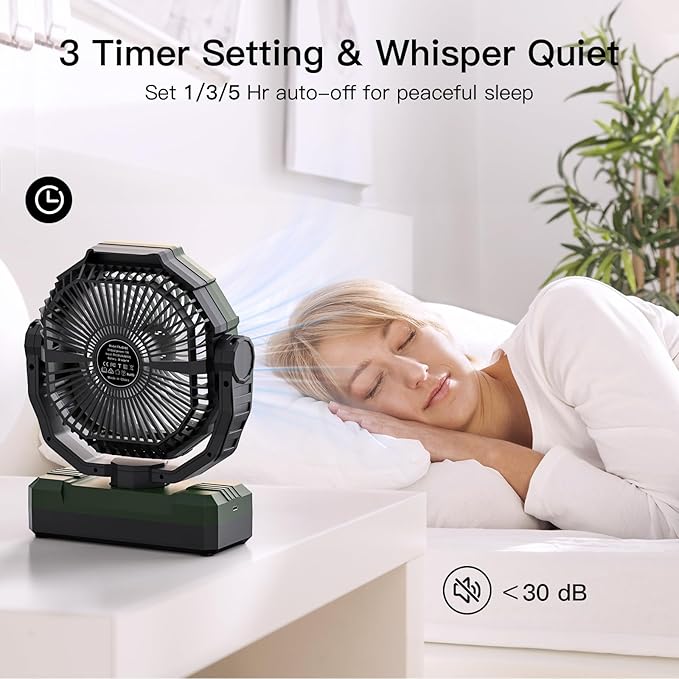 FRIZCOL 3-in-1 Camping Fan - Portable Fans Rechargeable - 24000mAh Battery Powered Fan(140Hrs) with Light & Remote for Indoor, Outdoor, Tent, Travel, BBQ, Fishing, Jobsite - Green