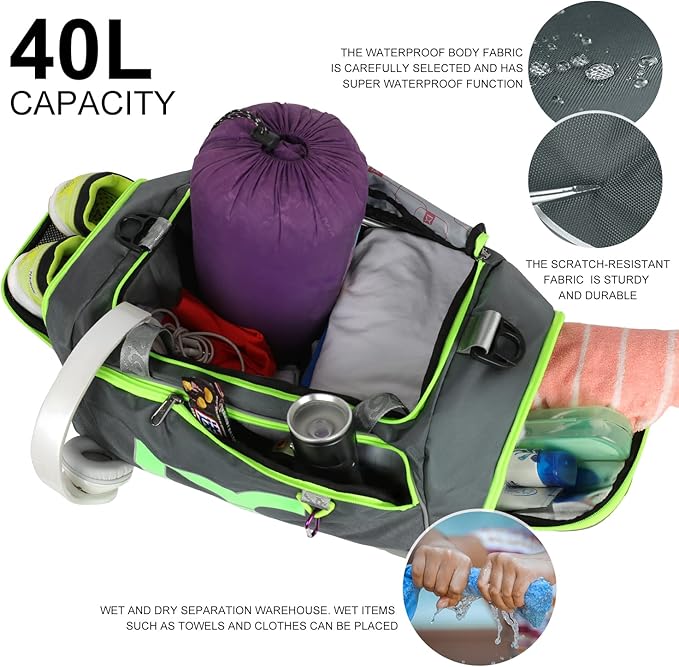 Sports Gym Bag,INOXTO Travel Duffel Bag with Dry Wet Pocket And Shoe CompartmentFor Women and Men,40L/55L Fitness Waterproof Weekender Bag For Swim Sports Travel Working Out (Gray green, 40L)