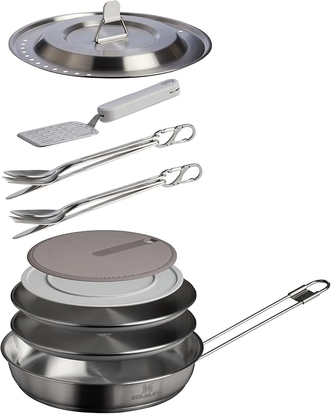 Stanley Wildfare Pro 15-Piece Stainless Steel Fry Pan Cook Set | 8.75 in Fry Pan with Fold & Lock Handle | Plates and Utensils | Camping Essentials for Your Camp Kitchen | BPA-Free