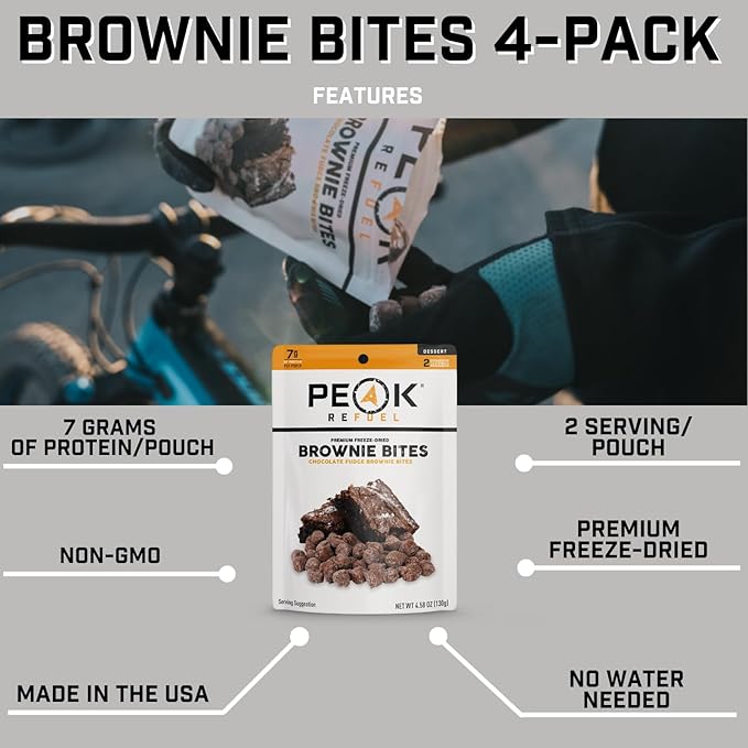 Peak Refuel Fudge Brownie Dessert Bites 4-Pack | Freeze Dried Backpacking and Camping Food | Tasty Trail Treat | High Protein Snack Packs