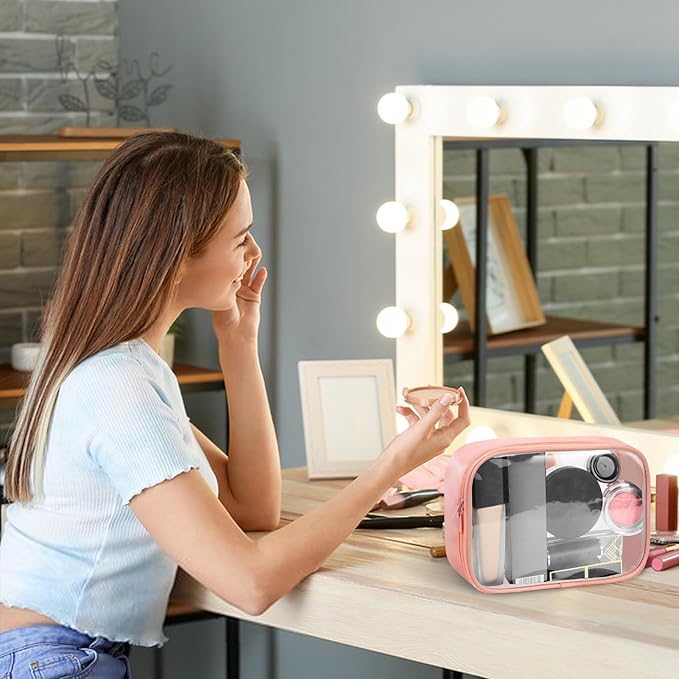 Moyad TSA Approved Clear Toiletry Bag, 1 Pack Quart Size 3-1-1 Liquids Pouch for Travel, Transparent Makeup & Cosmetic Organizer for Women Men, Peach Pink