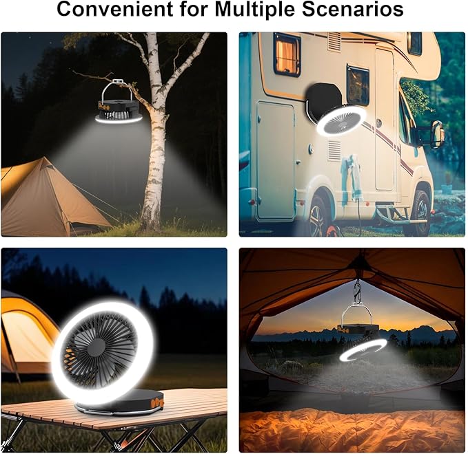 Camping Fan Light with Remote - 6000mAh x2 Rechargeable Battery, 24H Max Run Time, 2000LM, 3 Light Modes & Stepless Dimming, Ultra - Quiet, Includes Carry Bag