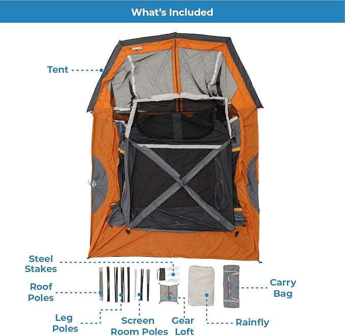 CORE Tent for Family Camping | 4 Person & 6 Person Portable Camp Tent with Carry Bag for Outdoor Car Camping | Included Gear Loft Organizer for Camp Accessories