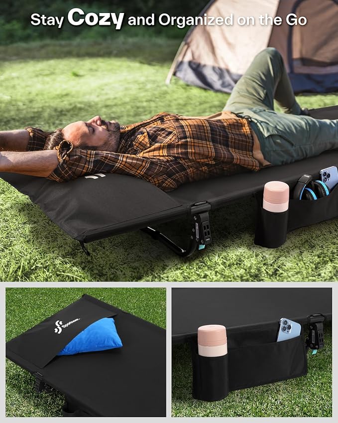 Sportneer Camping Cot: 31.5’’ Extra Wide Compact Sleeping Cots with Side Pocket - Lightweight Folding Cot for Camping Traveling Tent Day, Carry Bag Included, Easy Setup - Size 74.8''x31.5''