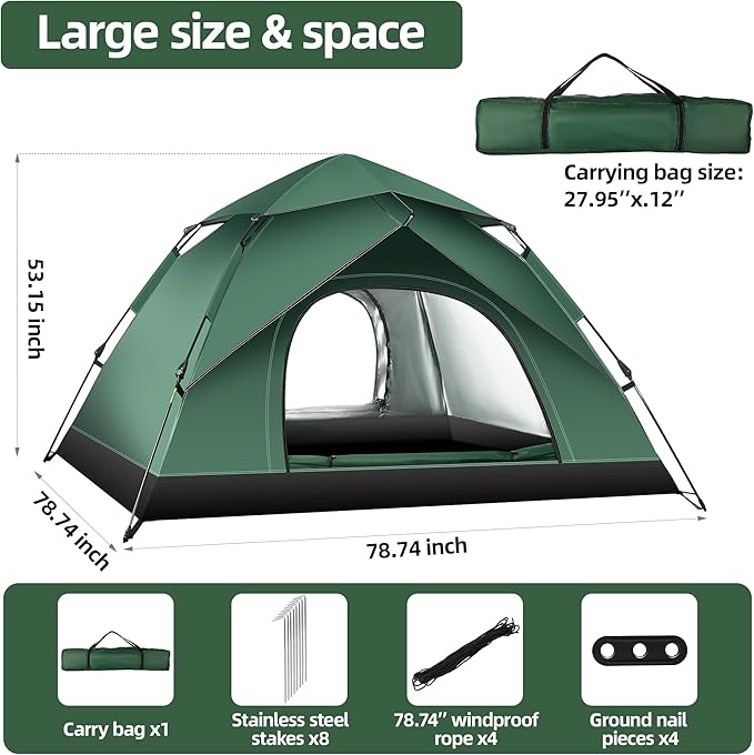 Tents for Camping, 1/2 Person Instant Pop Up Dome Family Camping Tent, Waterproof Windproof 60s Automatic Setup Portable Outdoor Tent for Camping, Backpacking, Hiking, Backyard, Festivals