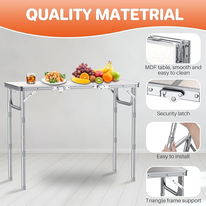 FUNYKICH 3ft Folding Camping Table with 3 Adjustable Height, 34.2'' Lx15.7'' W Portable Picnic Tables, Lightweight Aluminum Outdoor Table with Carry Handle for Camping, Backyard BBQ, Picnic, Beach