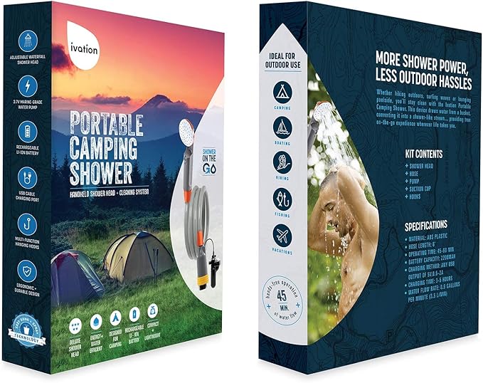 Ivation Portable Camping Shower | Compact Handheld & Hands-Free Rechargeable Outdoor Shower Head & Cleaning System w/ 3.7V Pump, 6-Ft Hose, Bidet Head, Removable Filter, Multiuse Hook & USB Cable