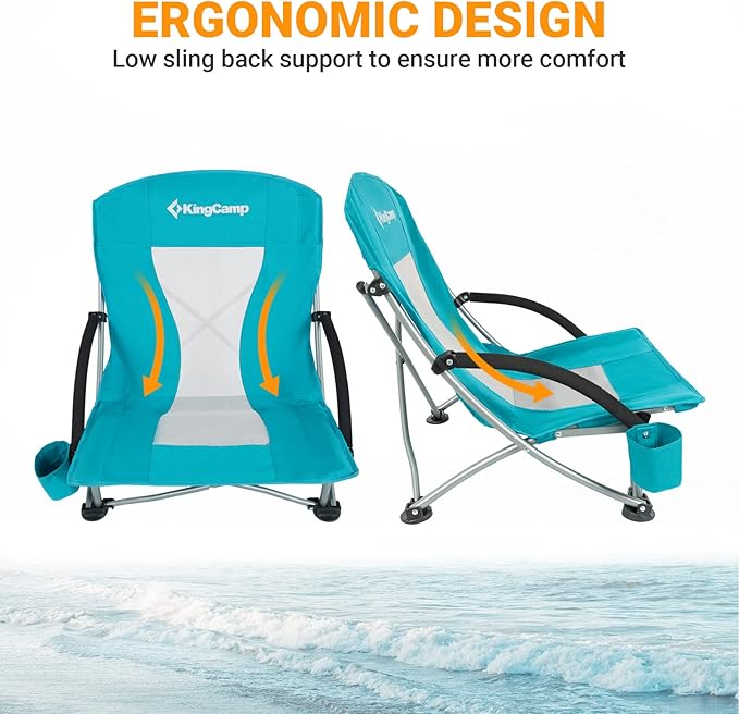 KingCamp Low Beach Chairs, Portable Folding Chair for Adults Extra Wide Ergonomic High Back Seat 300lbs Heavy Duty Lightweight Oversized Gear with Carry Bag for Outdoor Lawn Camping Picnic