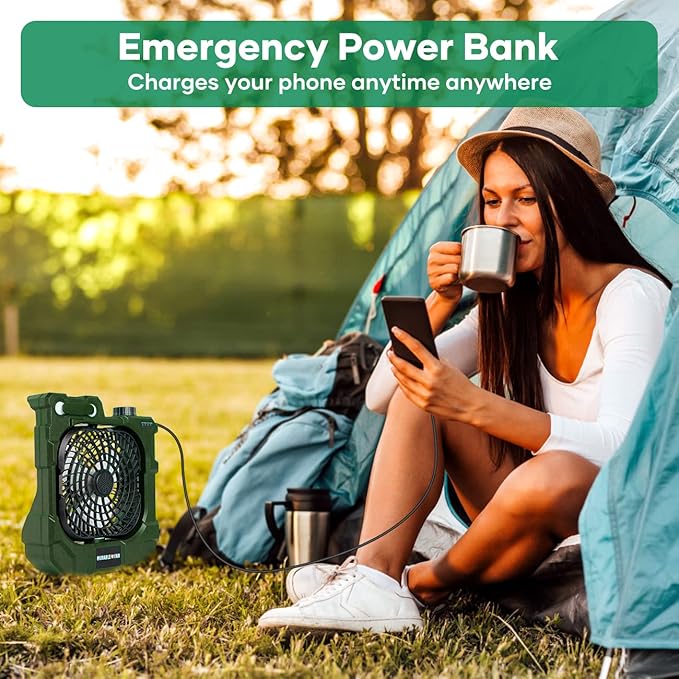 kejector Portable Rechargeable Camping Fan - Battery Operated Oscillating Fan Outdoor Travel Cordless Misting Fans with LED Lantern, USB Ports, Summer Personal Cooling Desk Fans for Tent (Green)
