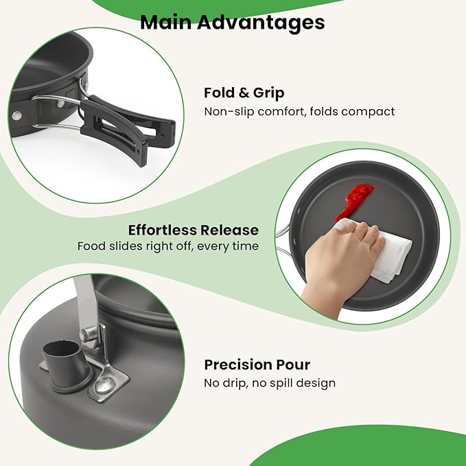 Portable BBQ Grill Cookware Set: GEEKHOM 20PCS Stainless Steel Camping Pots and Pans, Compact Foldable Design with Carrying Tote for Hiking,Camping, Backpacking, Picnic(2-3 Person)