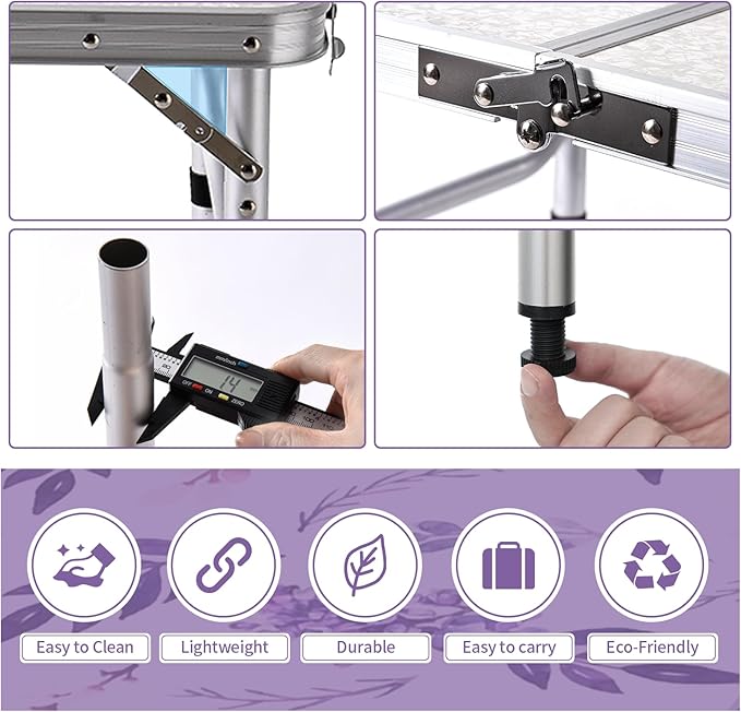Folding Camping Table 2ft Portable Pinic Table Adjustable Height Small Card Table Aluminum Foldable Lightweight with Carry Handle for Outdoor Indoor Hiking Camp BBQ Beach (Misty Lilac)