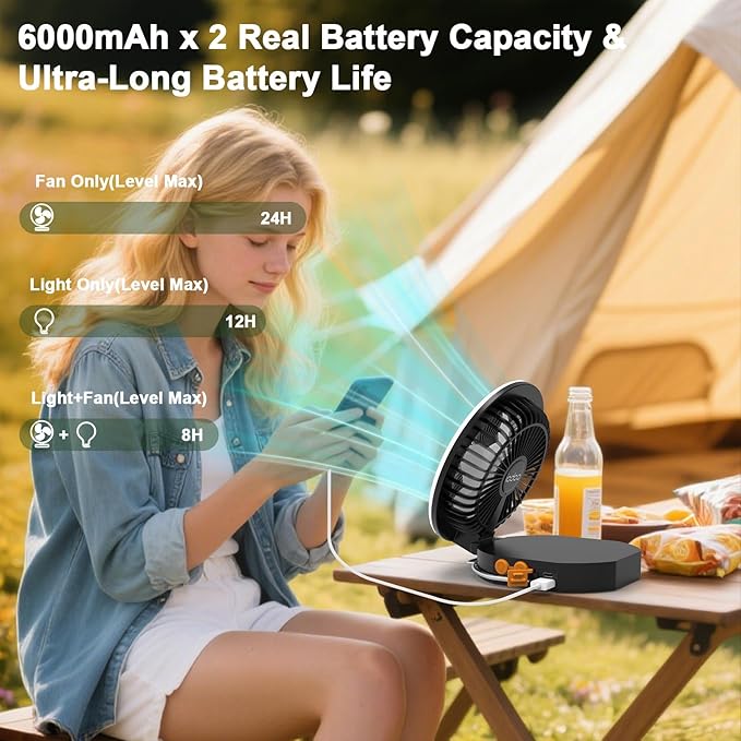 Camping Fan Light with Remote - 6000mAh x2 Rechargeable Battery, 24H Max Run Time, 2000LM, 3 Light Modes & Stepless Dimming, Ultra - Quiet, Includes Carry Bag