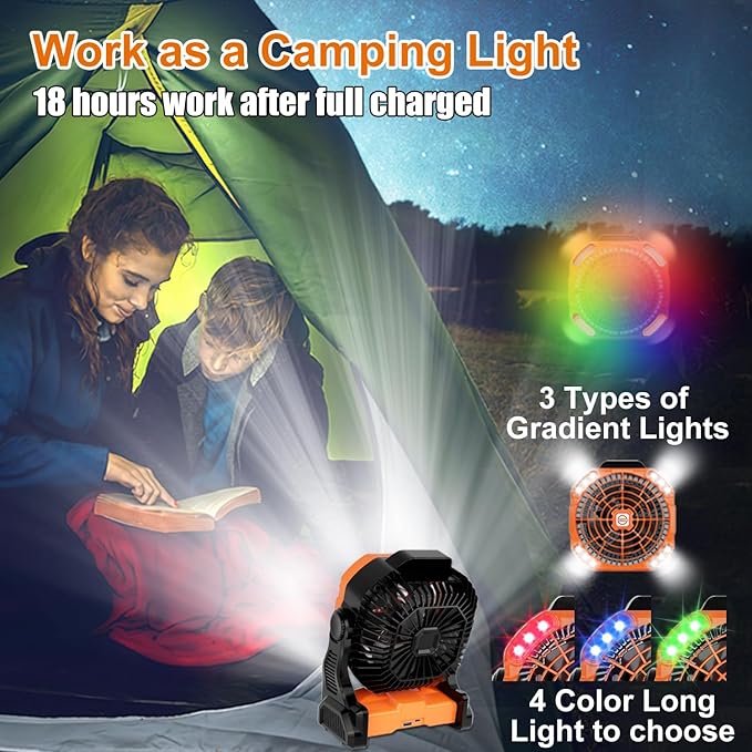 Sugoiti Portable Camping Fan 20000mAh Rechargeable Battery, 4-Speed Quiet Cooling Blower with LED Lantern, 4 Timing, Hanging Hook for Outdoor Picnic Tent Beach Fishing Orange