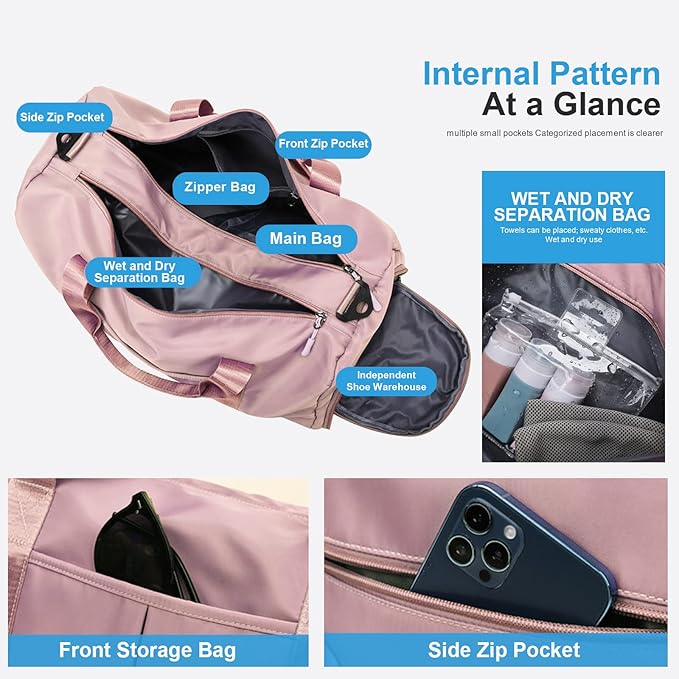 ZGWJ Sports Gym Bag with Wet Pocket & Shoes Compartment, Waterproof Shoulder Weekender Bag for Women and Men Swim Sports Travel Gym Bag Lightweight and easy Carry on Pink