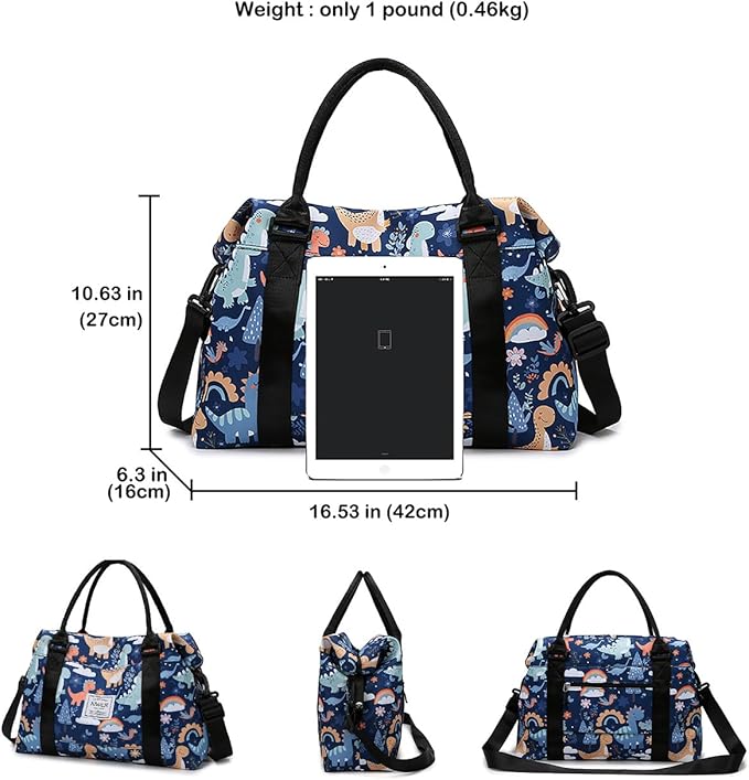 Travel Duffle Bag Weekender Overnight Bag Gym Tote Bag with Wet Pocket for Women Girls Workout Duffel Bag Water Resistant (B-Dinosaurs)