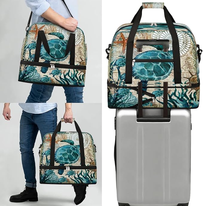 Turtle Foldable Travel Duffel Bag, Expandable Sports Gym Bag with Shoes Compartment Weekender Overnight Totes Bags for Women Men