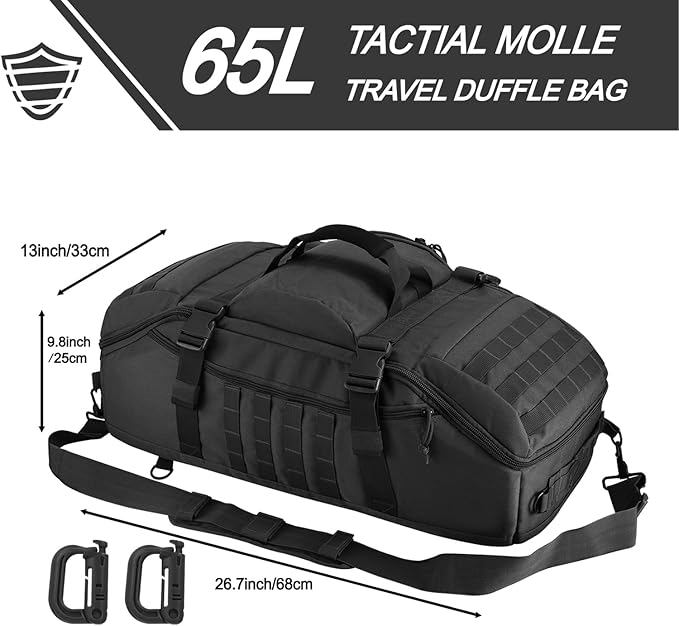 Travel Gym Duffle Bag Tactical, for Men Women Multi-functional Backpack,3 in 1 Shoulder Bag Backpack Handbag for Sports Hiking Camping, Water Resistant & Easy Clean (Black, 65L)