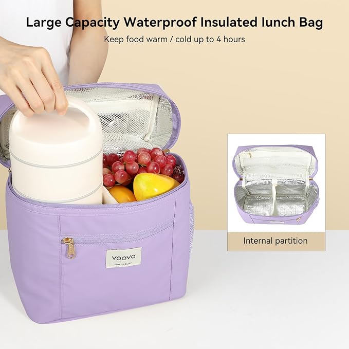 Voova Stackable Stainless Steel Thermal Lunch Box with Lunch Bag and Cultery Set for Adult Women Men, 3 Tier Leakproof All-in-One Insulated Bento Boxes Food Container for Work, Purple