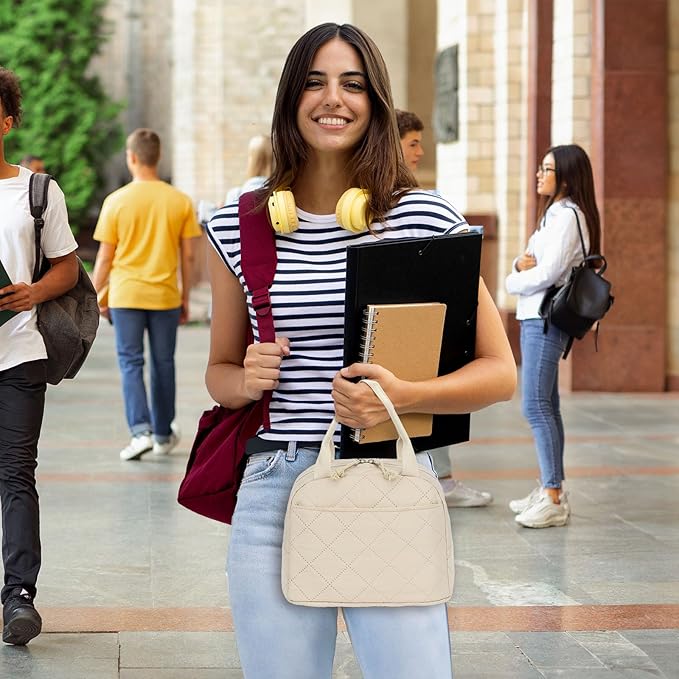 Lunch Bag, Quilted Pure Beige, Insulated Thermal Tote with Pocket, Large Capacity Reusable Cooler for Work or Travel, 8.5L