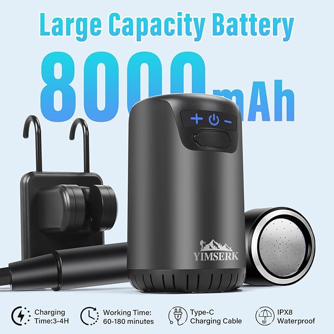 8000mAh Portable Camping Shower, 10-Speed Camp Shower Pump, LED Display, 4 Spray Modes, IPX8 Waterproof Outdoor Shower Kit for Hiking, Travel, Pet, Car Wash