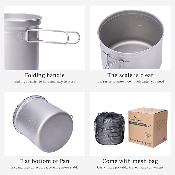 iBasingo Titanium Pot Pan Set with Folding Handle - Ultralight Portable Outdoor Cookware Mess Kit for Camping, Picnic, Travel & Backpacking (1080ml Soup Pot, 900ml Cup, 500ml Frying Pan)