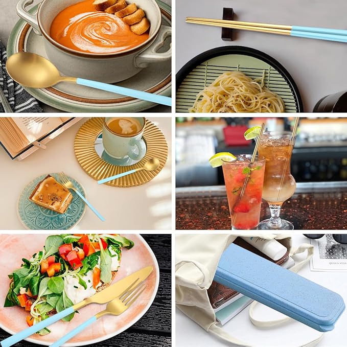 AARainbow 8 Pieces Stainless Steel Flatware Set Portable Reusable Cutlery Set Travel Utensils Set Including Chopsticks Knife Fork Spoon Straws Cleaning Brush Dishwasher Safe (B-Light blue Golden)