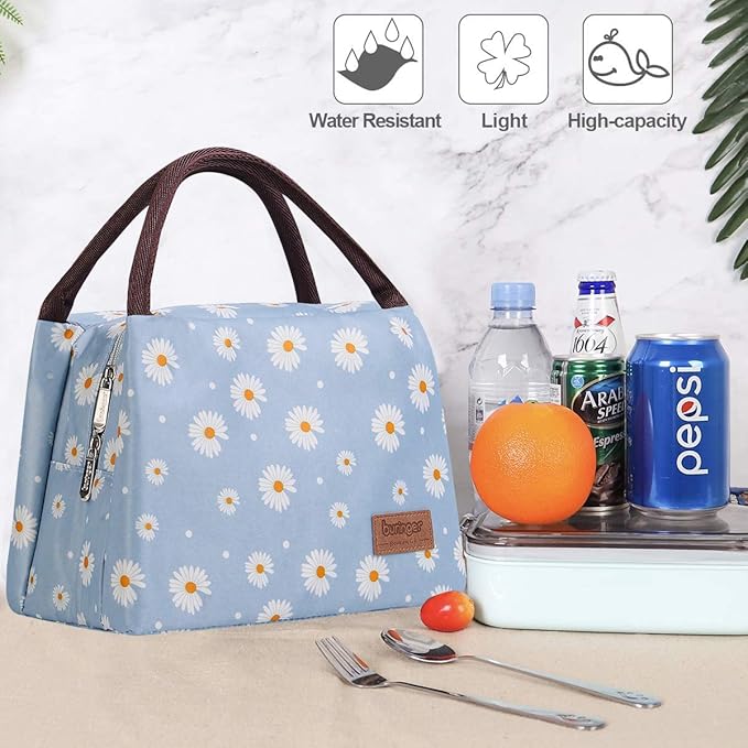 Buringer Insulated Lunch Bag Lunch Box for Women Men Adult Lunch Tote for Work Picnic Travel (Blue Daisy)