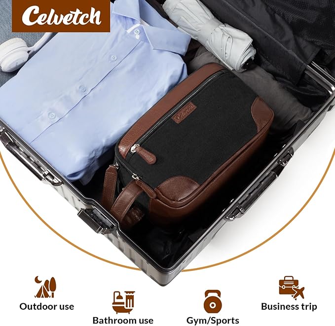 Travel Toiletry Bag for Men - Canvas Toiletries Bag with Multiple Pockets Large Hanging Dopp Kit Travel Bag for Toiletries Essentials Accessories - Black