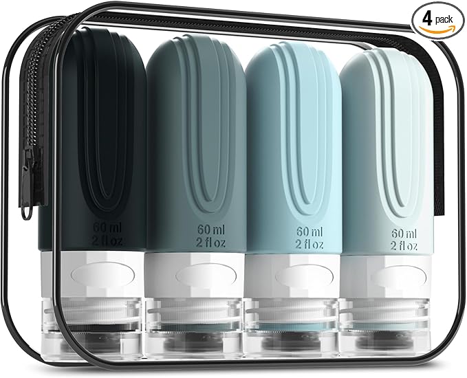 Travel Bottles for Toiletries, Tsa Approved 2oz Travel size Bottles, BPA Free Leak Proof Travel Toiletry Containers, Refillable Travel Accessories with Toiletry Bag for Shampoo Liquid (4 Pack)
