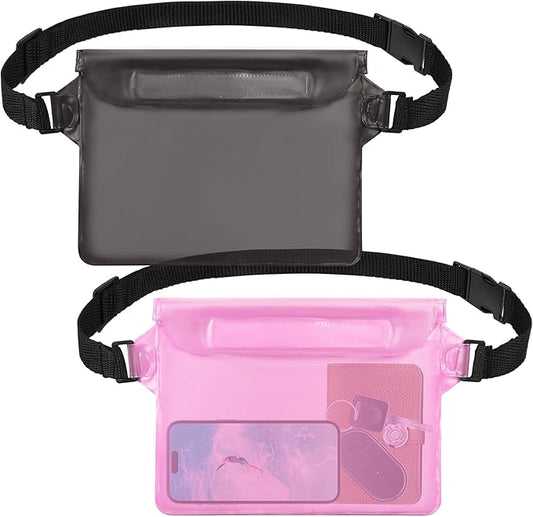 2-Pack Waterproof Pouch with Adjustable Waist Strap, Waterproof Dry Bag, Keeps Cell Phones and Valuables Safe and Dry, Perfect for Kayaking, Beach, Camping and Swimming (Black)