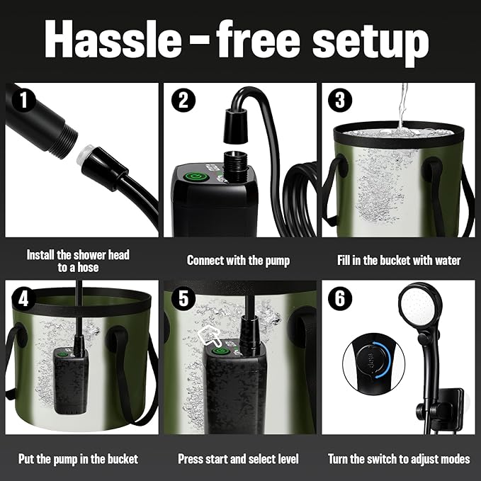 Motivekit™ Portable Camping Shower | 5.3/6.6 gal. Foldable Bucket, 6000mAh Rechargeable Shower Pump, 6' 7" Filtered Shower Head, Summer Beach Outdoor Showering Hiking Pet Bath RV Car Wash Water Plant