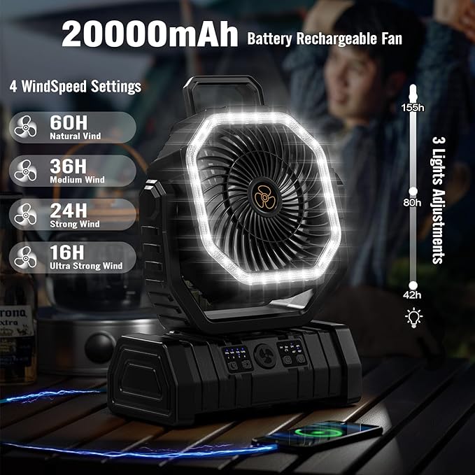 20000mAh Portable Camping Fan with LED Light, Rechargeable Battery Powered Oscillating Fan with Remote & Hook,Timer, 65HRS Running, 4-Speed for Travel, Tent, Room, Car, Picnic, Fishing-Black