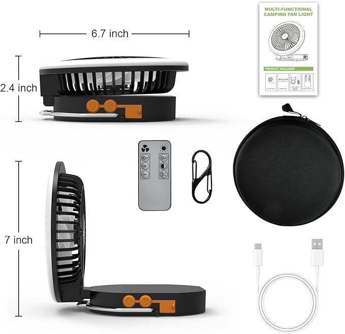 Camping Fan Light with Remote - 6000mAh x2 Rechargeable Battery, 24H Max Run Time, 2000LM, 3 Light Modes & Stepless Dimming, Ultra - Quiet, Includes Carry Bag