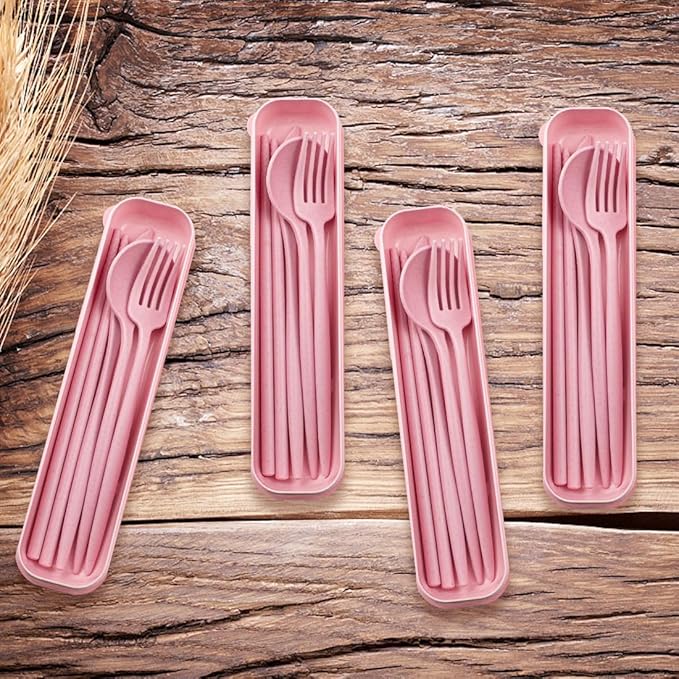 ELANE 4 Sets Reusable Travel Utensils Set with Case,Camping Cutlery Set Reusable Cutlery Set with Case,Utensil Sets for Lunch Picnic Daily Use Outdoor (pink)
