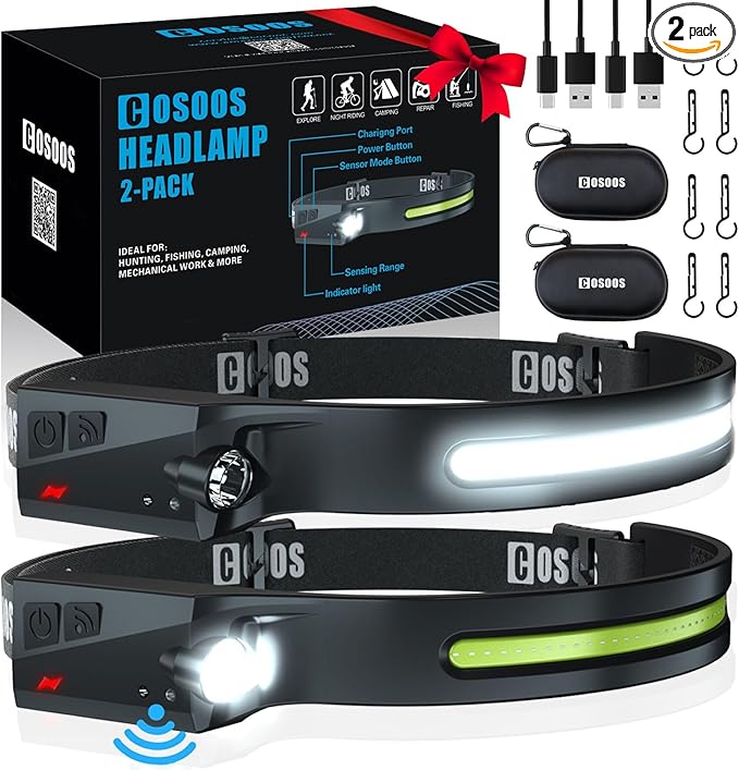 COSOOS 2 Rechargeable Headlamp Flashlight & Carry Case, Bright LED Head Lamp Outdoor, Wide Beam & Spot Light, Motion Sensor, 2.4 oz Lightweight Headband Headlights for Hardhat Camping Accessories