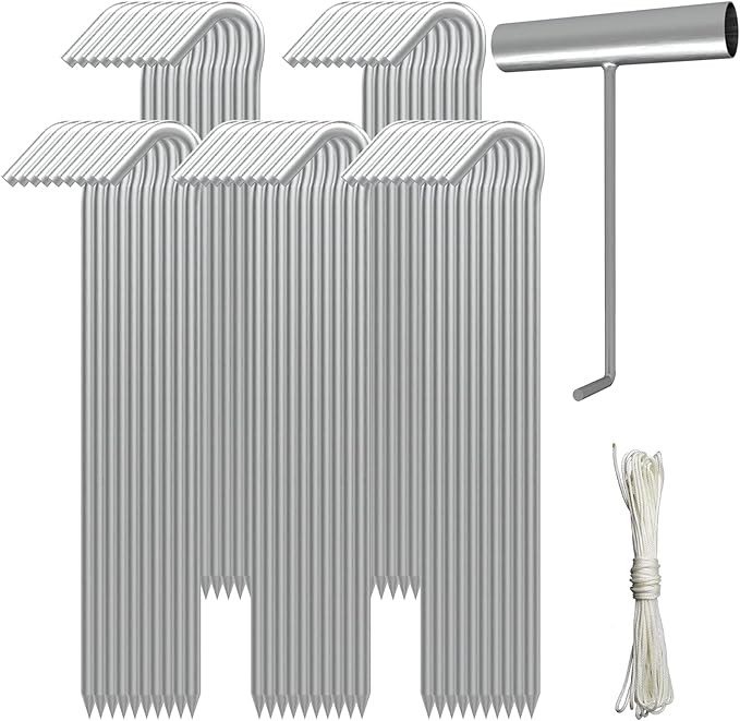 AAGUT Tent Stakes, Tent Stake Metal Garden Edging Fence Hooks Yard Camping Stake Heavy Duty Galvanized 9 Inch (9 Inch Tent Stakes KIT, 50)