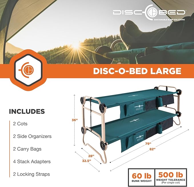 Disc-O-Bed Large Outdoor Convertible 2 Person Bench and Double Camping Cot Portable Bed Bunk System for Adults
